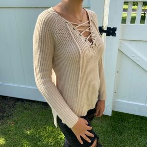 Forever 21 Tan Lace Up Sweater